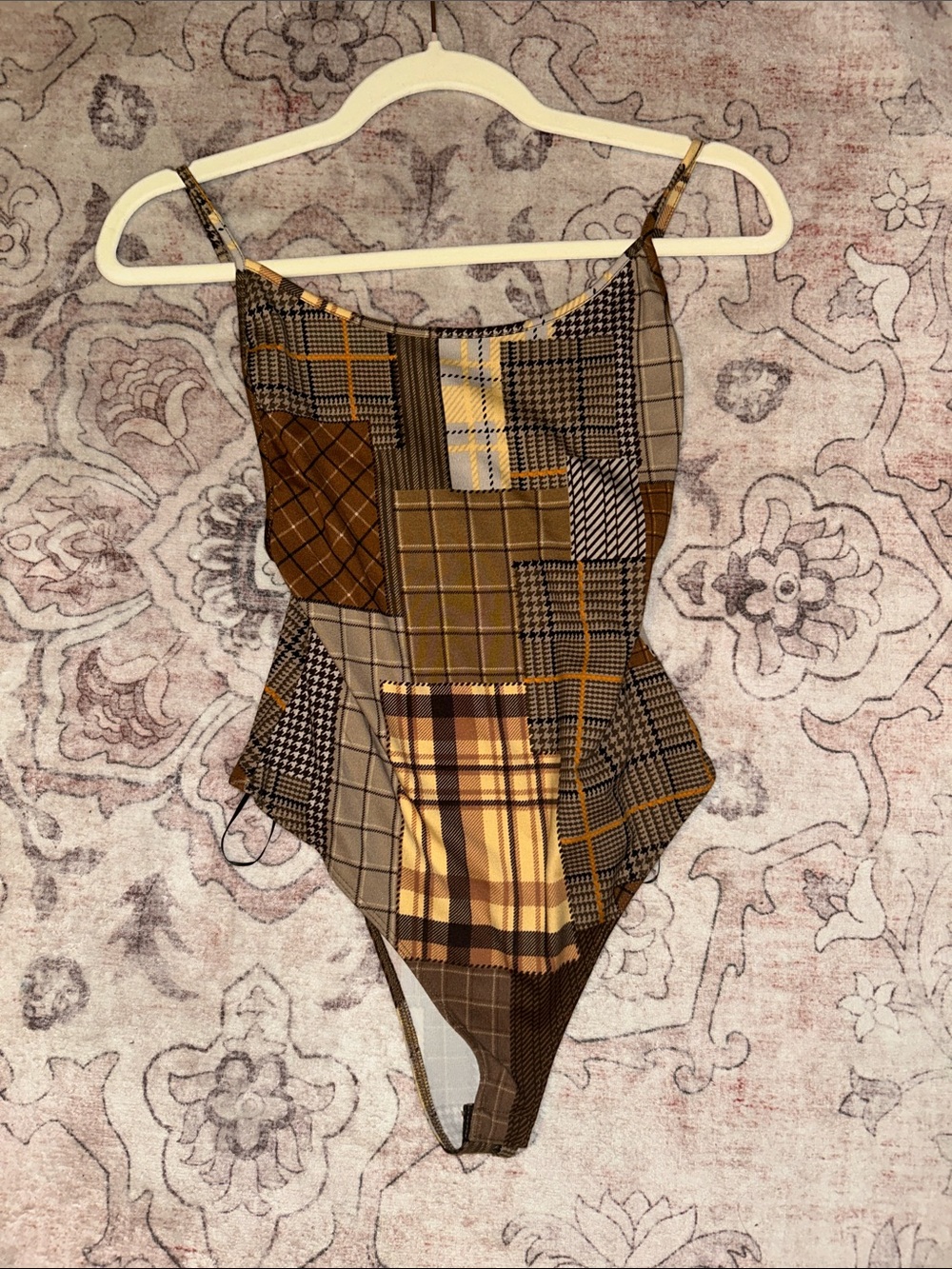Bear Dance Patchwork Plaid Bodysuit - Brown & Tan